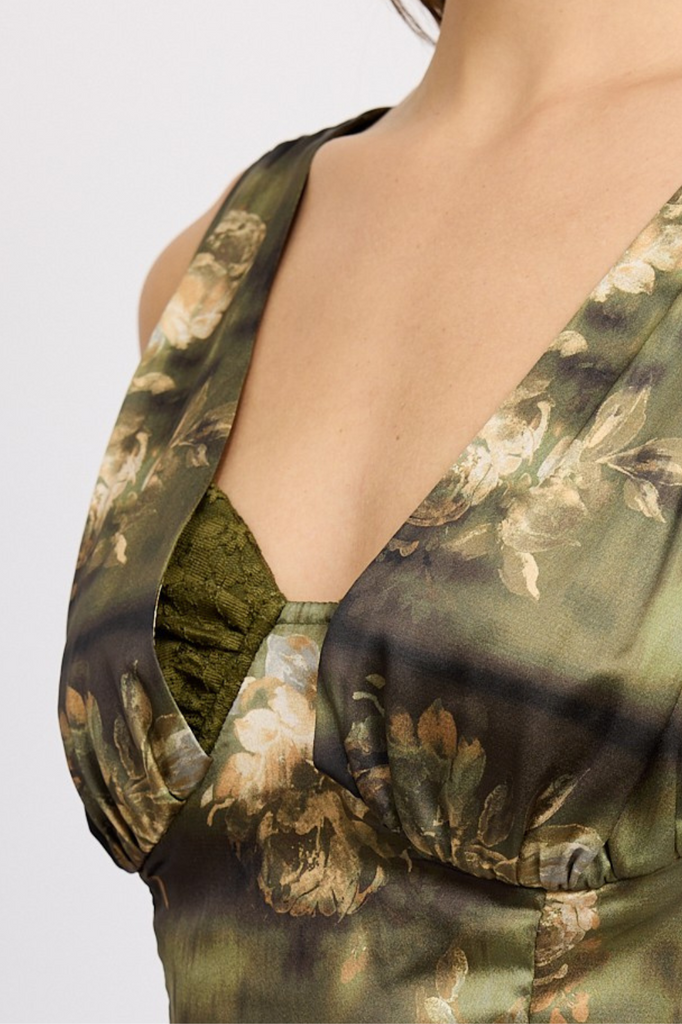 Olive green satin floral print top with built in bra