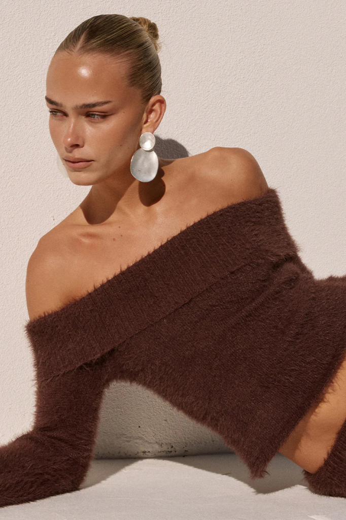 Brown off the shoulder knit top