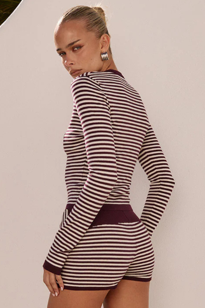 Classic burgundy and white striped knit cardigan