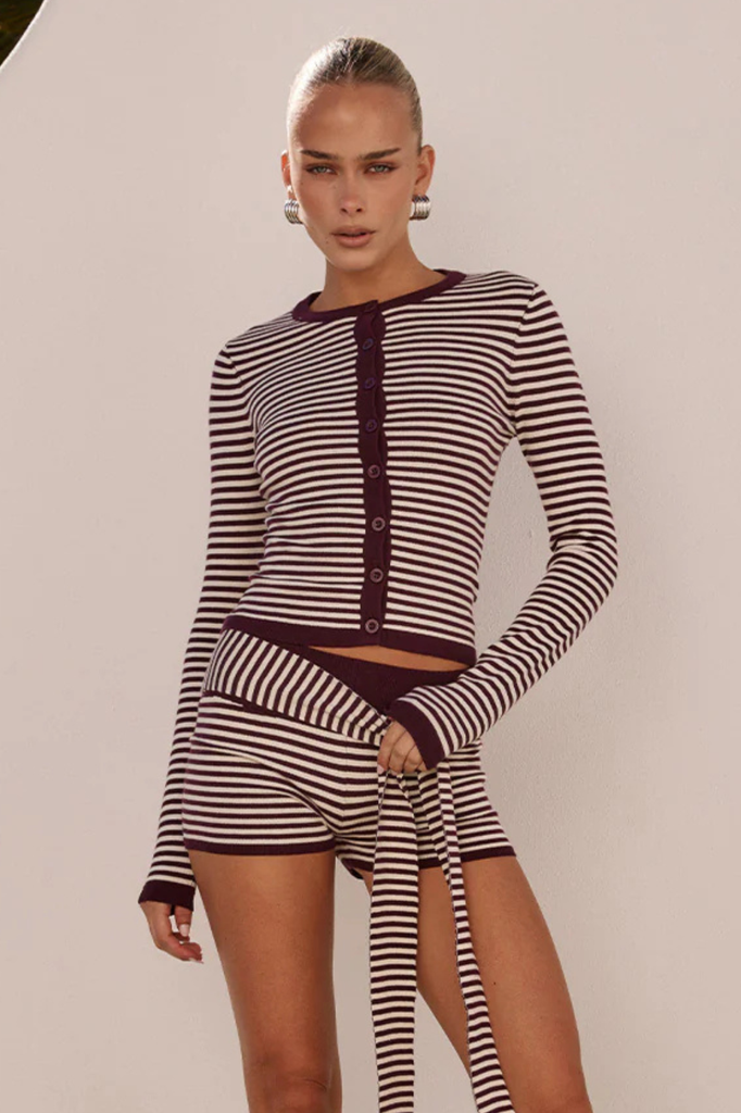 Classic burgundy and white striped knit cardigan