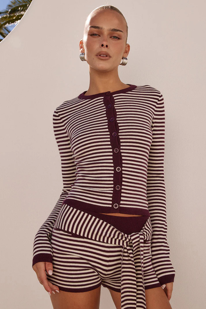 Classic burgundy and white striped knit cardigan