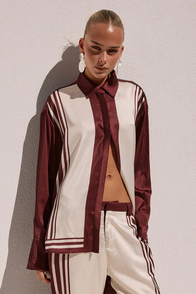 Satiny oversized burgundy and cream button up shirt