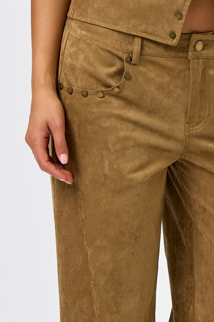 tan faux suede pants with gold stud accent