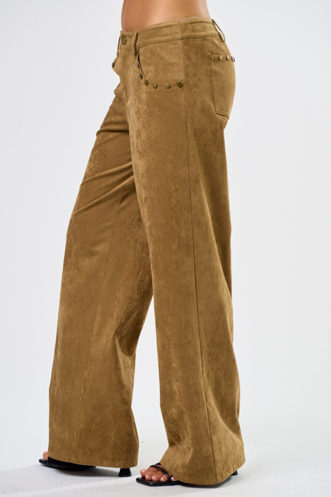 tan faux suede pants with gold stud accent