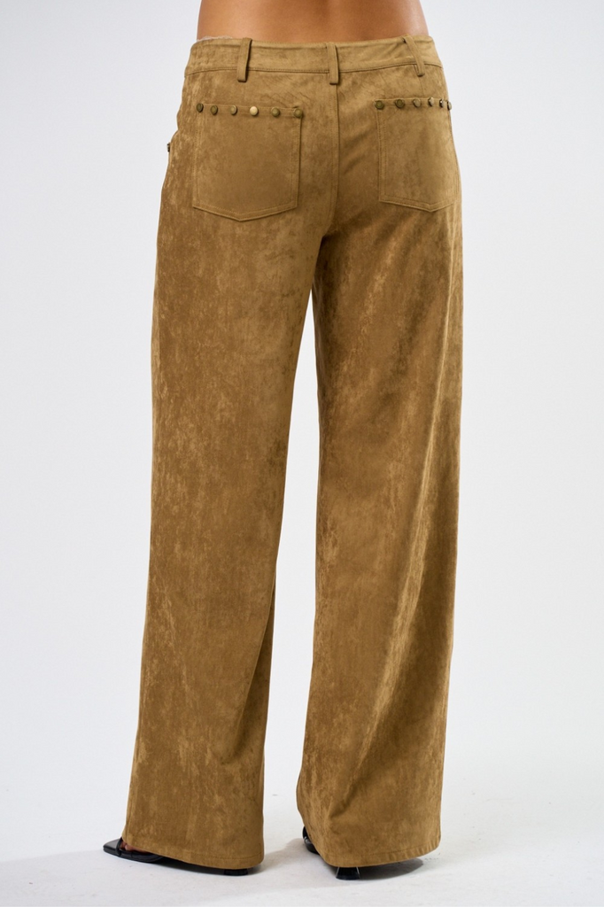 tan faux suede pants with gold stud accent