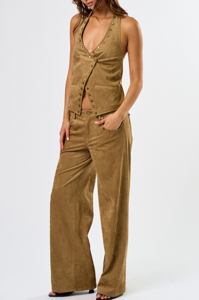 tan faux suede pants with gold stud accent