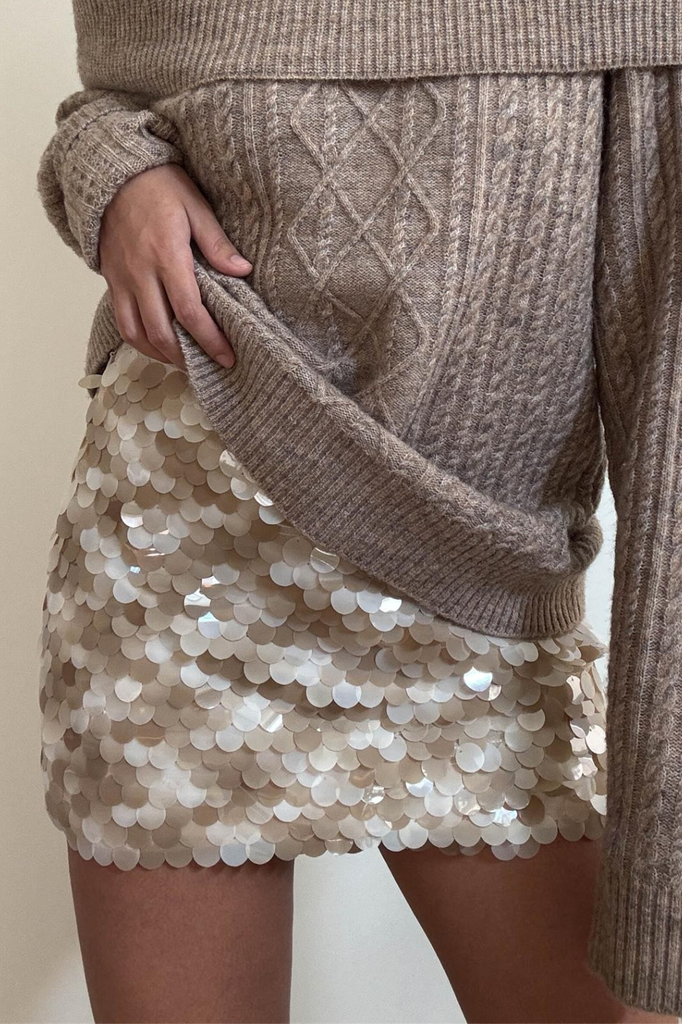 beige and tan two tone sequin mini skirt