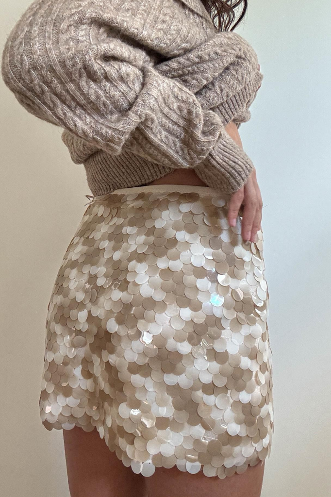 beige and tan two tone sequin mini skirt