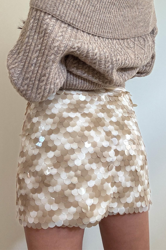 beige and tan two tone sequin mini skirt