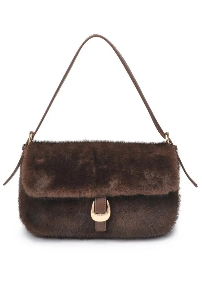 brown faux fur crossbody bag gold buckle